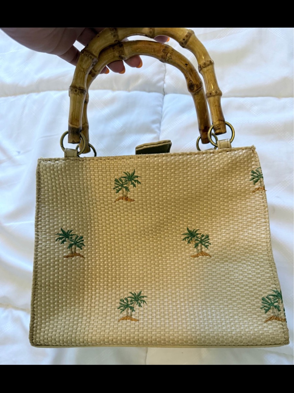 Woven Palm Motif Bamboo Handle Tote - Natural